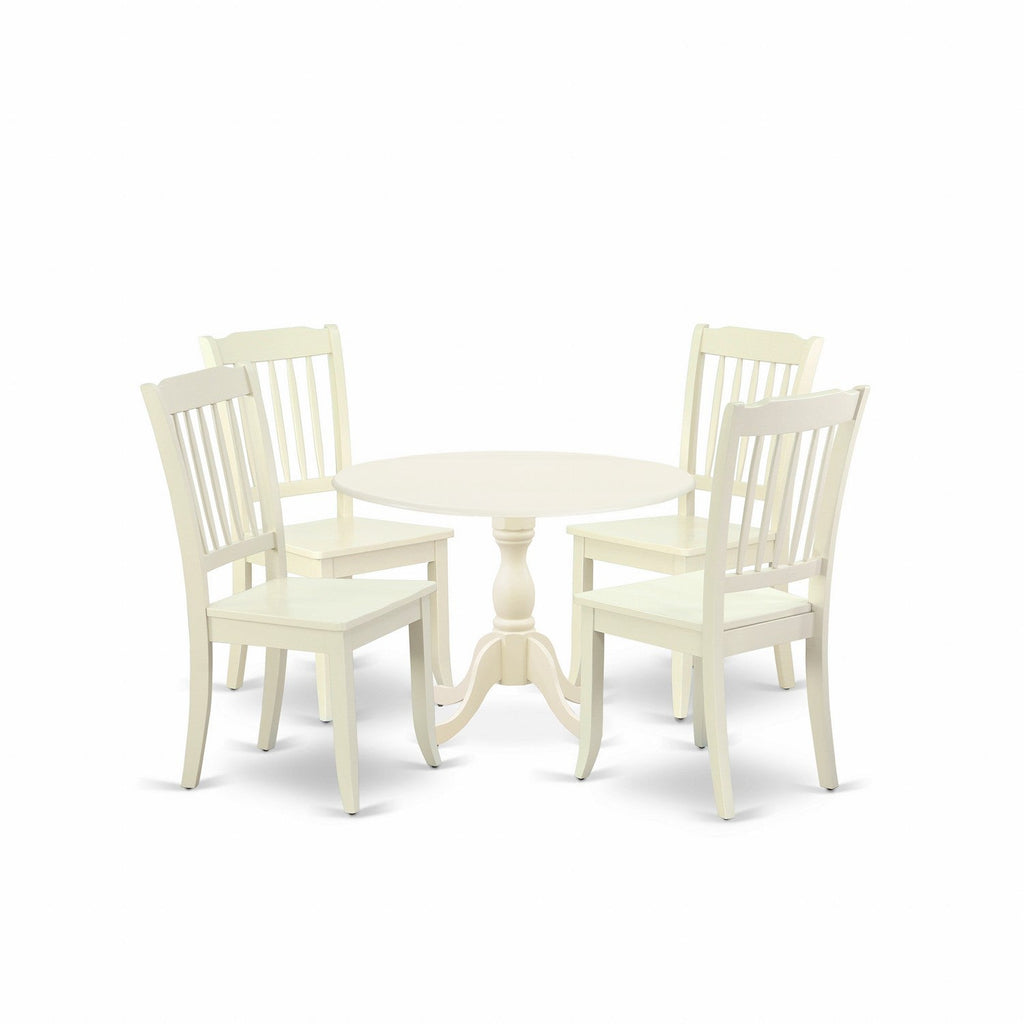 East West Furniture DMDA5-LWH-W 5 Piece Modern Dining Table Set Includes a Round Wooden Table with Dropleaf and 4 Dining Room Chairs, 42x42 Inch, Linen White