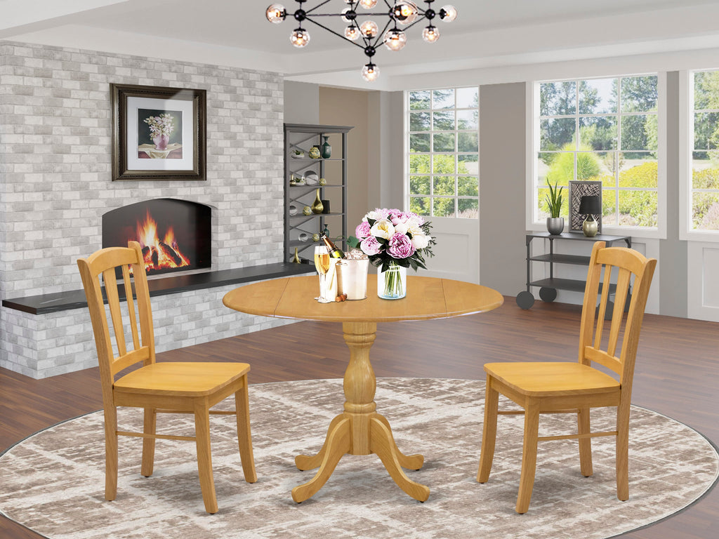 DMDL3-OAK-W 3Pc Dining Room Table Set - 42" Round Table and 2 Dining Chairs - Oak Color