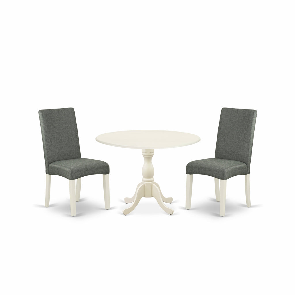 East West Furniture DMDR3-LWH-07 3 Piece Modern Dining Table Set Contains a Round Wooden Table with Dropleaf and 2 Gray Linen Fabric Parson Dining Chairs, 42x42 Inch, Linen White