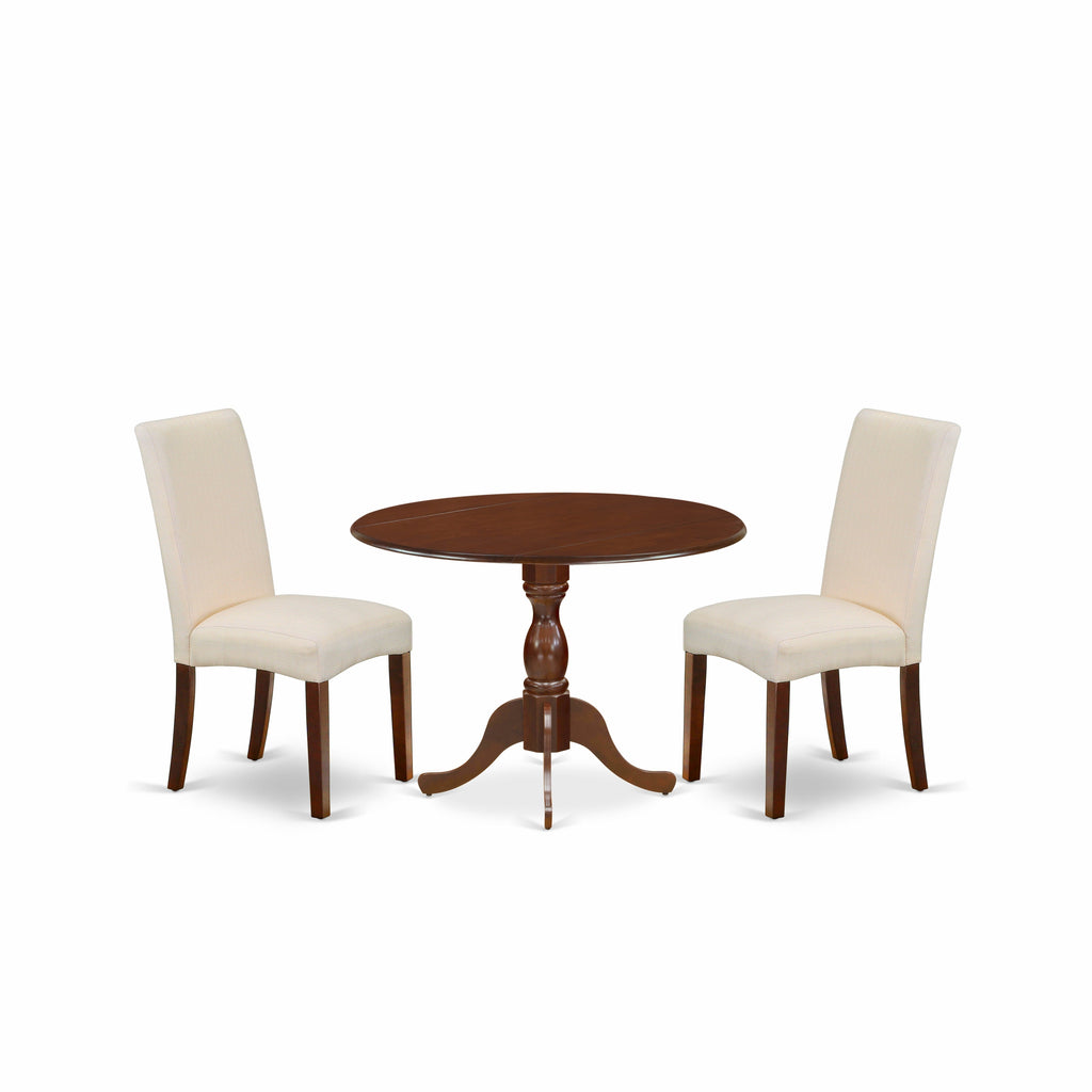 East West Furniture DMDR3-MAH-01 3 Piece Dining Set Contains a Round Dining Room Table with Dropleaf and 2 Cream Linen Fabric Upholstered Parson Chairs, 42x42 Inch, Mahogany