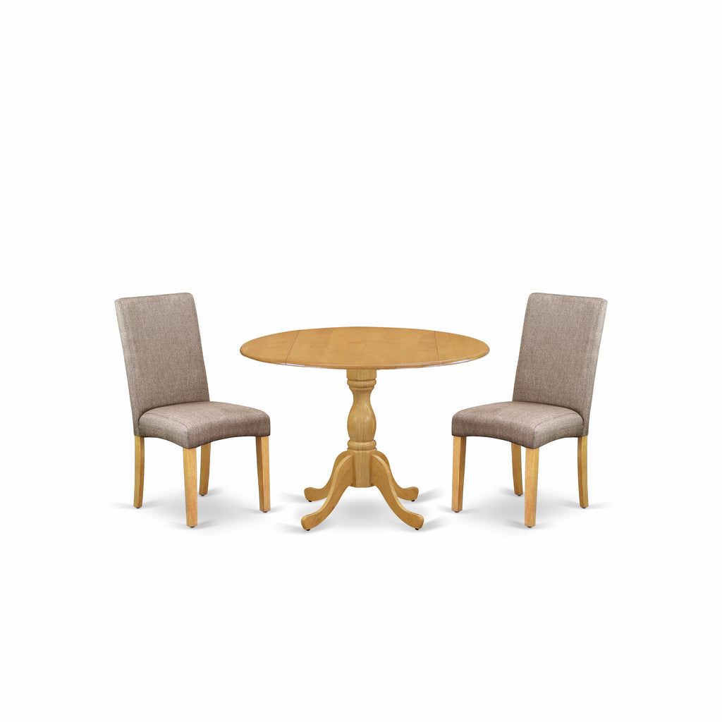 East West Furniture DMDR3-OAK-16 3 Piece Dining Room Table Set Contains a Round Kitchen Table with Dropleaf and 2 Dark Khaki Linen Fabric Parson Dining Chairs, 42x42 Inch, Oak