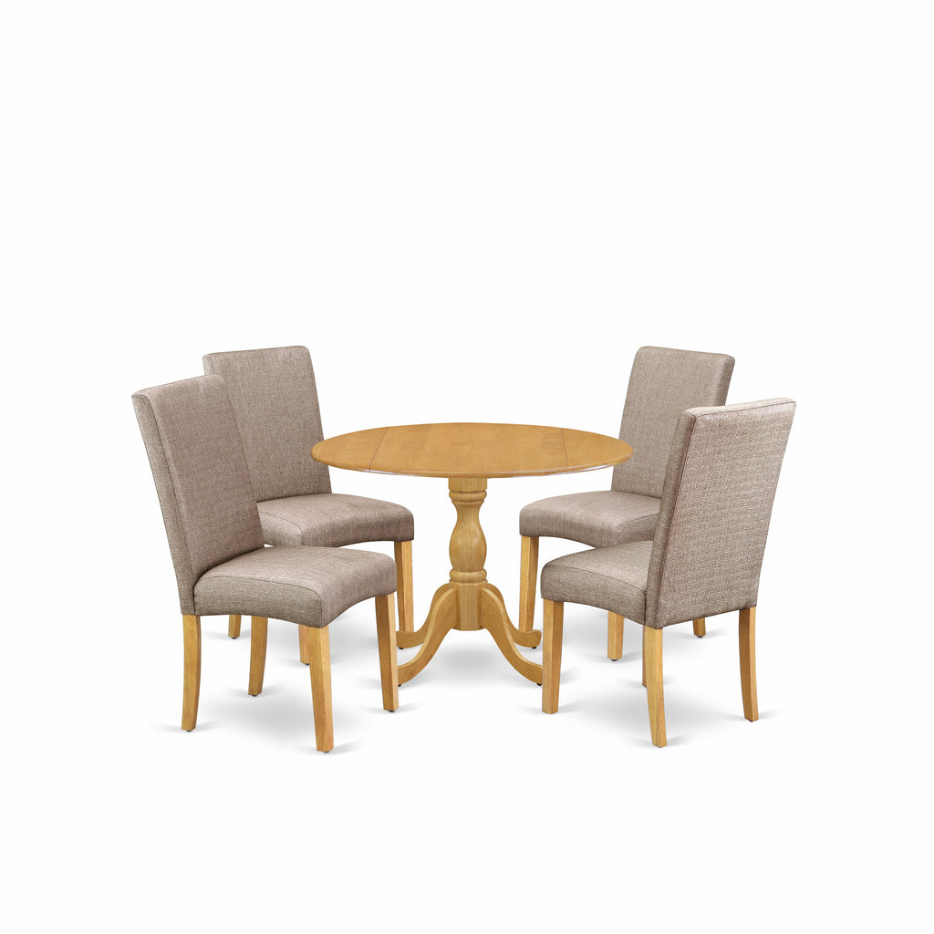 East West Furniture DMDR5-OAK-16 5 Piece Dining Set Includes a Round Dining Room Table with Dropleaf and 4 Dark Khaki Linen Fabric Upholstered Parson Chairs, 42x42 Inch, Oak