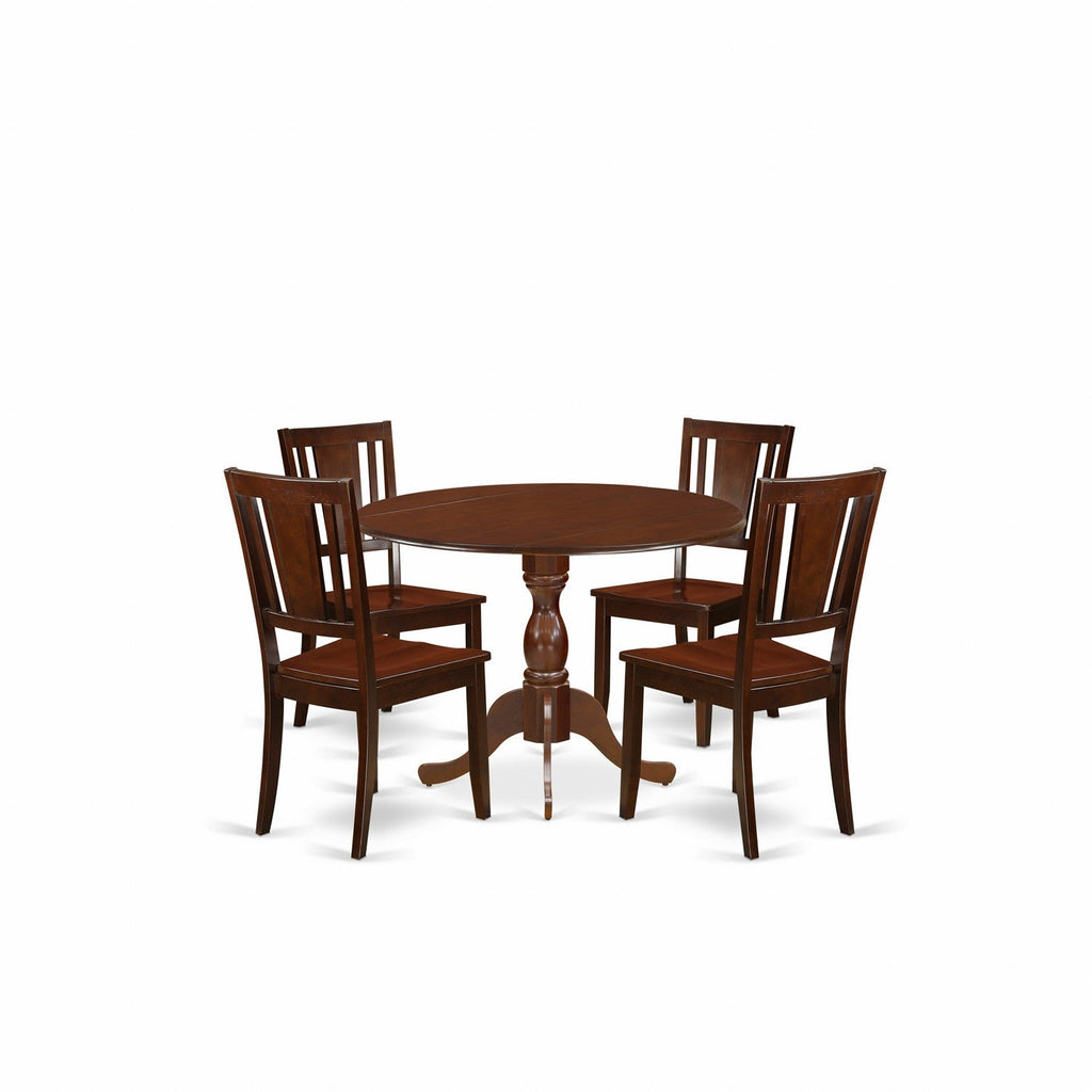 East West Furniture DMDU5-MAH-W 5 Piece Dining Set Includes a Round Dining Table with Dropleaf and 4 Kitchen Chairs, 42x42 Inch, Mahogany