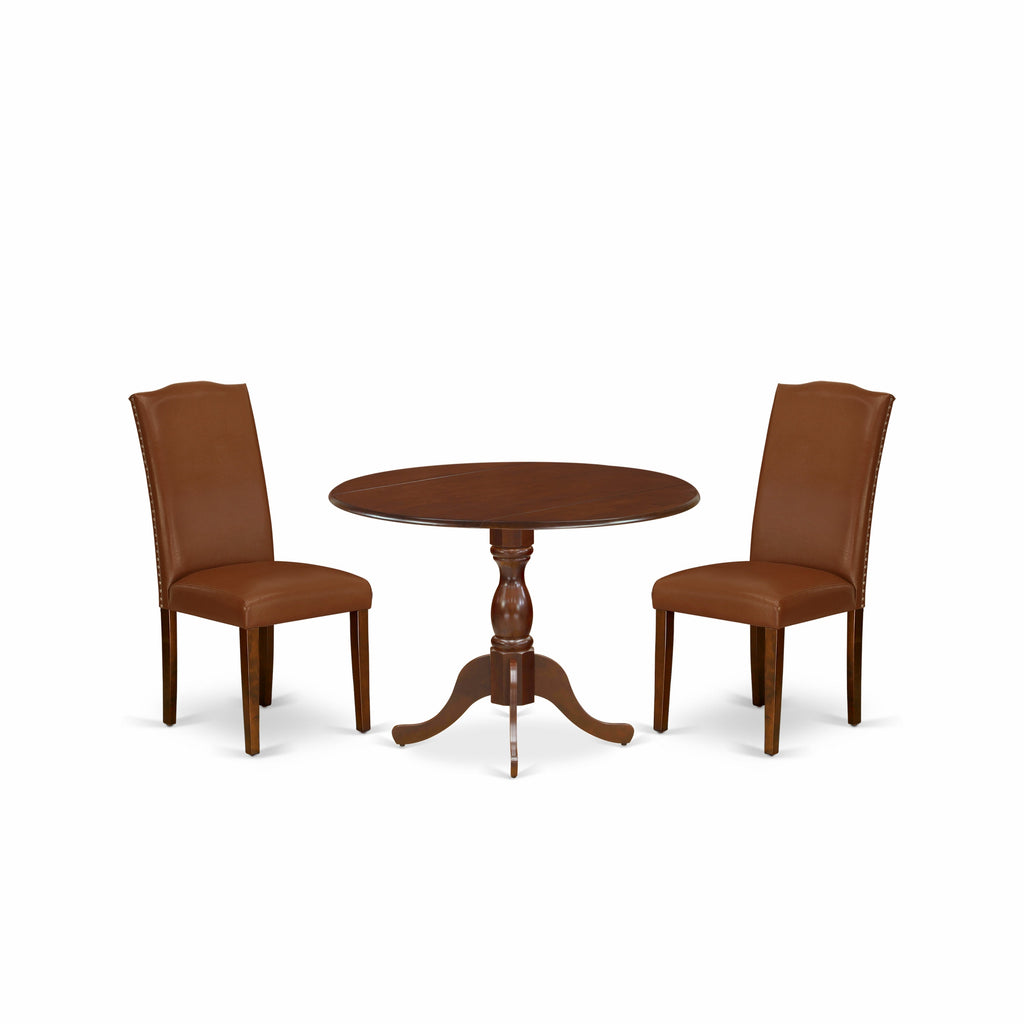 East West Furniture DMEN3-MAH-66 3 Piece Dining Room Furniture Set Contains a Round Dining Table with Dropleaf and 2 Brown Faux Faux Leather Upholstered Chairs, 42x42 Inch, Mahogany