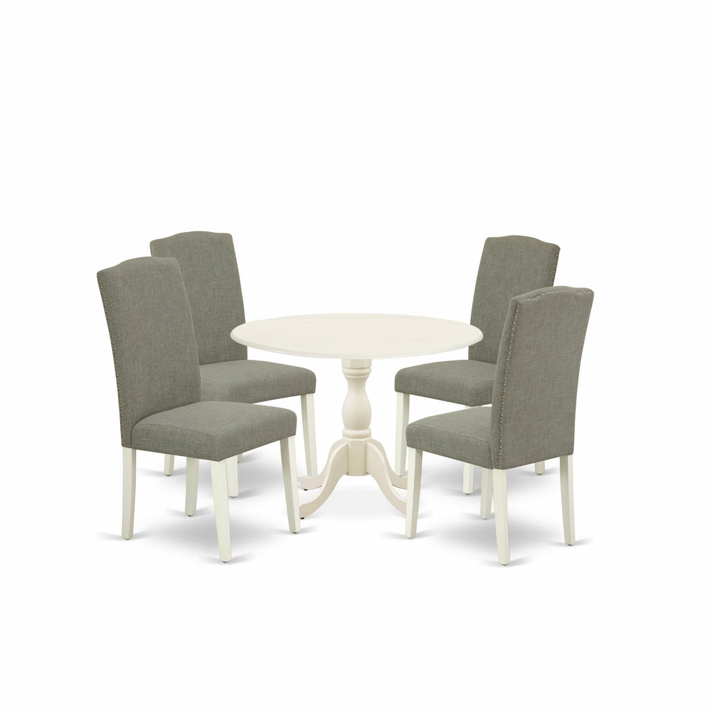 East West Furniture DMEN5-LWH-06 5 Piece Modern Dining Table Set Includes a Round Wooden Table with Dropleaf and 4 Dark Shitake Linen Fabric Parsons Dining Chairs, 42x42 Inch, Linen White