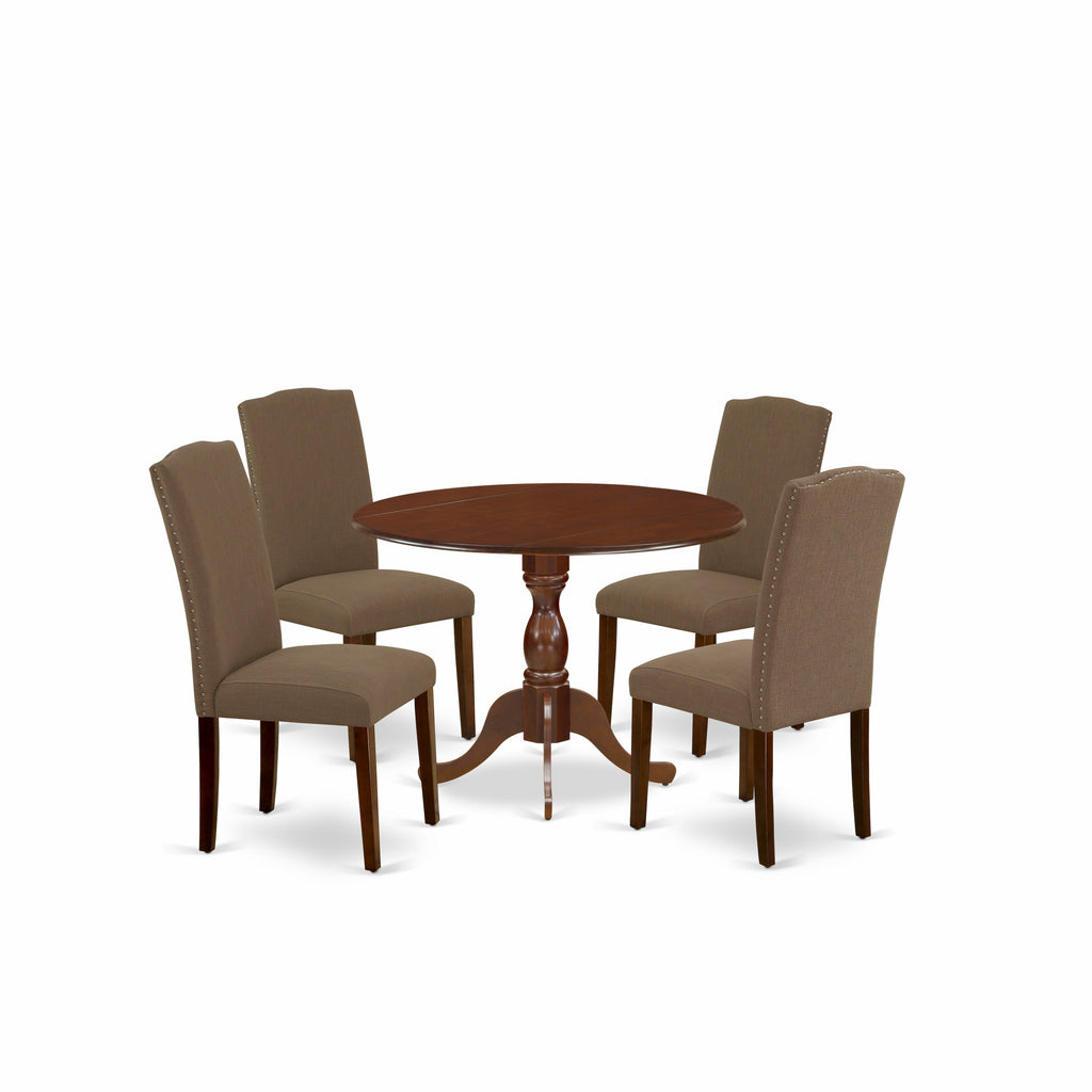East West Furniture DMEN5-MAH-18 5 Piece Dining Table Set for 4 Includes a Round Kitchen Table with Dropleaf and 4 Dark Coffee Linen Fabric Upholstered Chairs, 42x42 Inch, Mahogany