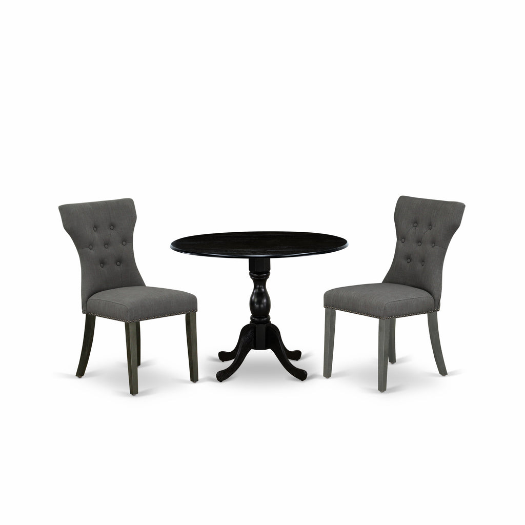 East West Furniture DMGA3-ABK-50 3 Piece Dinette Set for Small Spaces Contains a Round Dining Table with Dropleaf and 2 Dark Gotham Linen Fabric Parson Chairs, 42x42 Inch, Wirebrushed Black