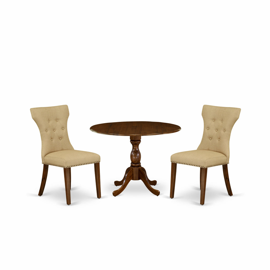 East West Furniture DMGA3-AWA-03 3 Piece Dinette Set for Small Spaces Contains a Round Dining Table with Dropleaf and 2 Brown Linen Fabric Parsons Dining Chairs, 42x42 Inch, Walnut