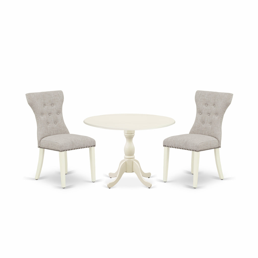 East West Furniture DMGA3-LWH-35 3 Piece Dinette Set for Small Spaces Contains a Round Dining Table with Dropleaf and 2 Doeskin Linen Fabric Parsons Dining Chairs, 42x42 Inch, Linen White