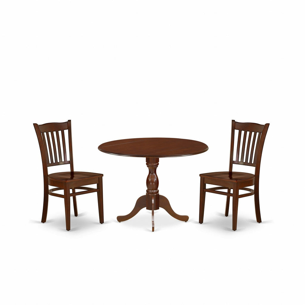 East West Furniture DMGR3-MAH-W 3 Piece Kitchen Table Set for Small Spaces Contains a Round Dining Room Table with Dropleaf and 2 Dining Chairs, 42x42 Inch, Mahogany
