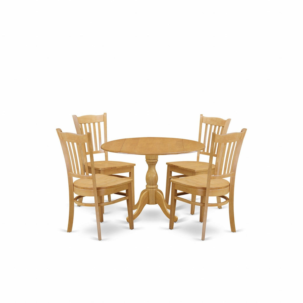 East West Furniture DMGR5-OAK-W 5 Piece Modern Dining Table Set Includes a Round Wooden Table with Dropleaf and 4 Dining Chairs, 42x42 Inch, Oak