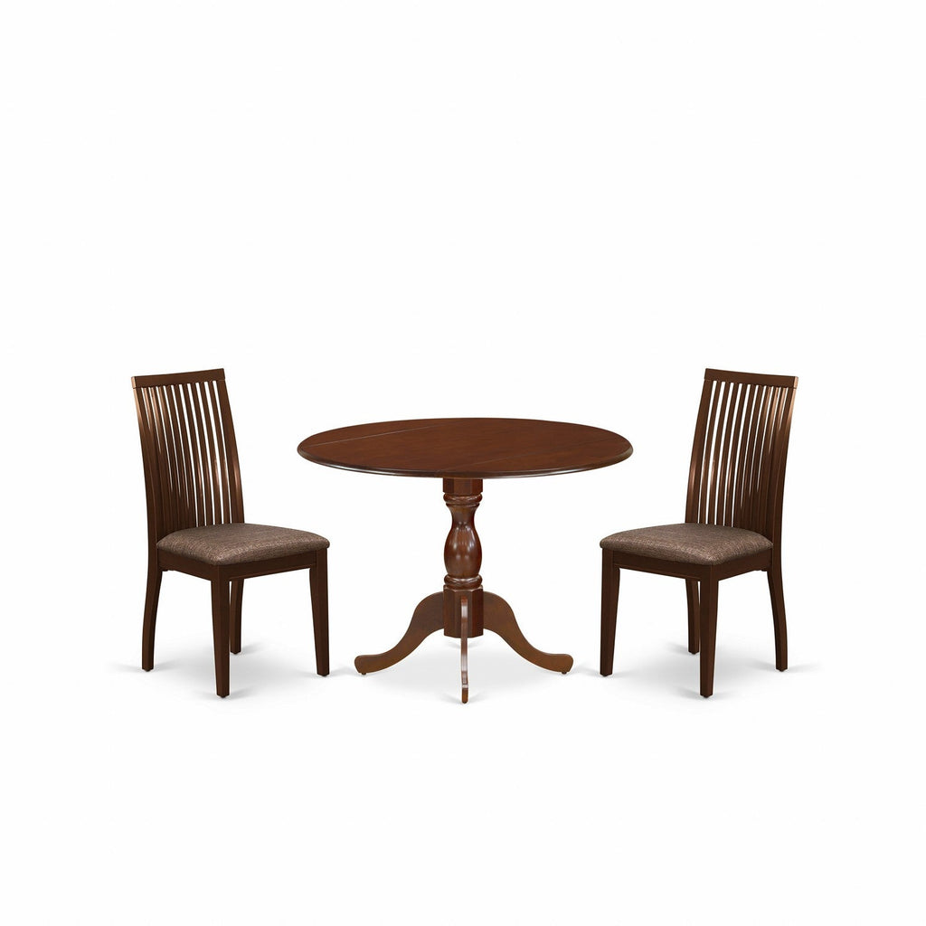 East West Furniture DMIP3-MAH-C 3 Piece Dining Set Contains a Round Dining Room Table with Dropleaf and 2 Linen Fabric Upholstered Chairs, 42x42 Inch, Mahogany
