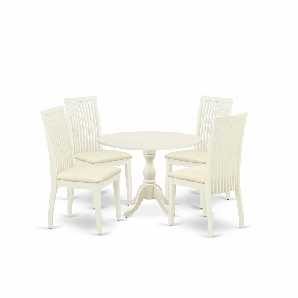 East West Furniture DMIP5-LWH-C 5 Piece Modern Dining Table Set Includes a Round Wooden Table with Dropleaf and 4 Linen Fabric Upholstered Dining Chairs, 42x42 Inch, Linen White