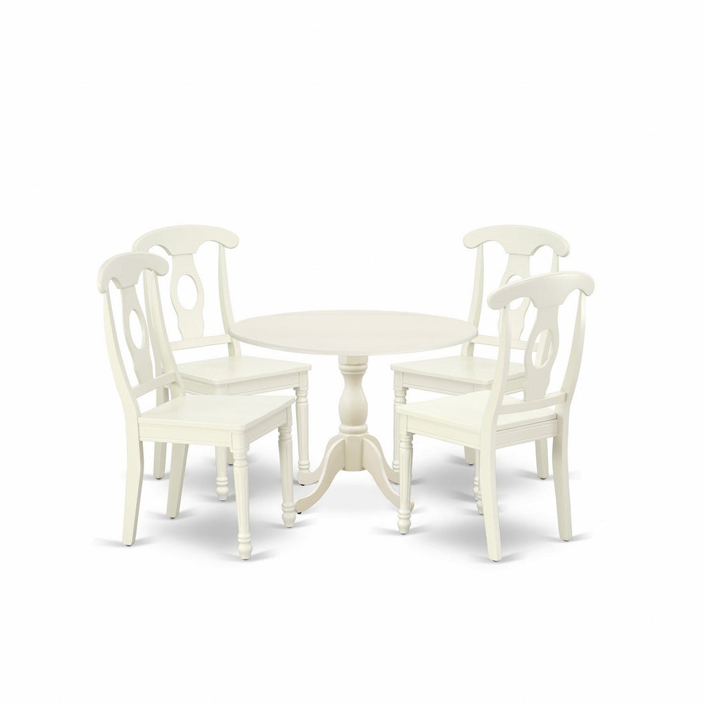 East West Furniture DMKE5-LWH-W 5 Piece Kitchen Table & Chairs Set Includes a Round Dining Room Table with Dropleaf and 4 Solid Wood Seat Chairs, 42x42 Inch, Linen White