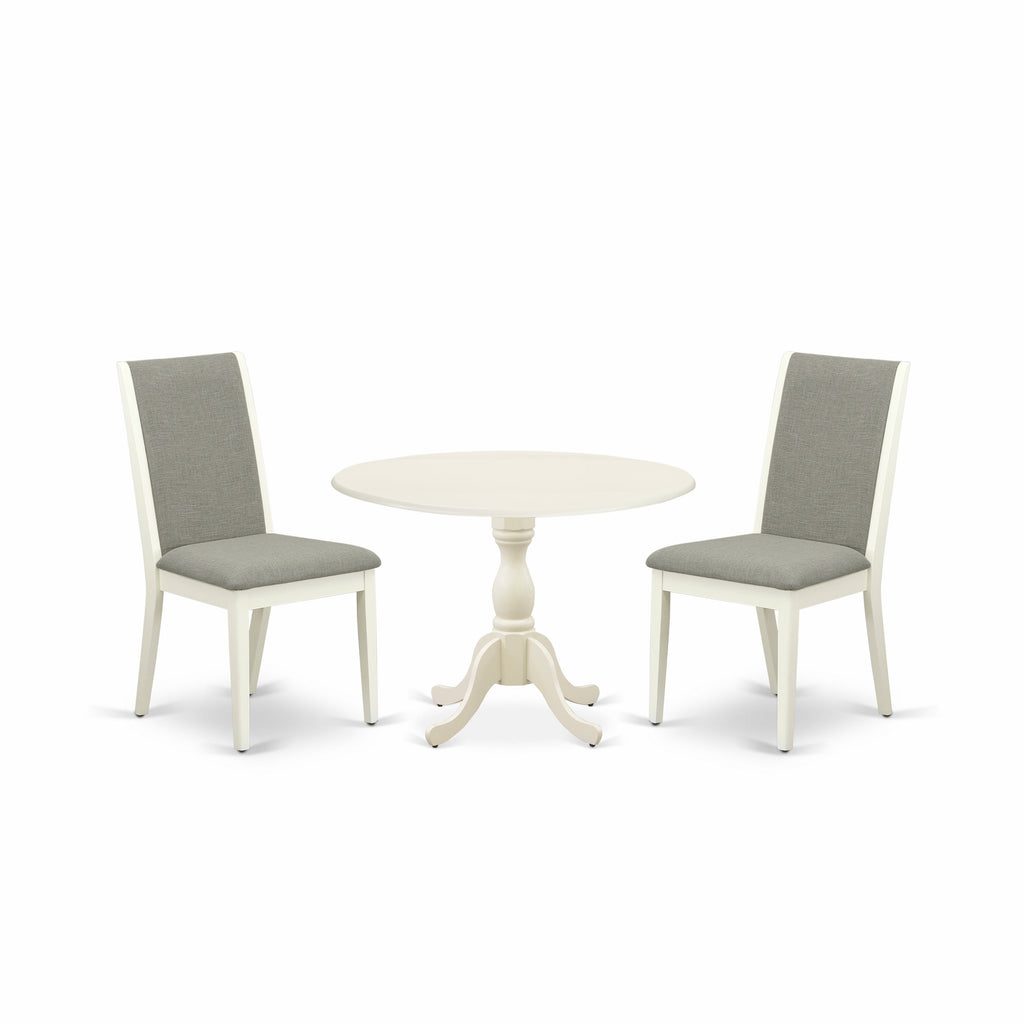 East West Furniture DMLA3-LWH-06 3 Piece Dining Room Table Set Contains a Round Kitchen Table with Dropleaf and 2 Shitake Linen Fabric Parson Dining Chairs, 42x42 Inch, Linen White
