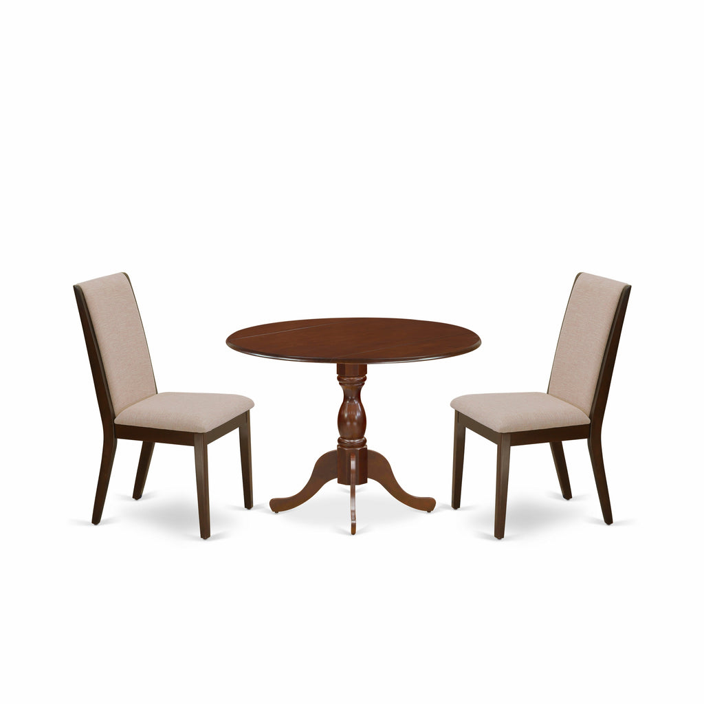 East West Furniture DMLA3-MAH-04 3 Piece Dinette Set for Small Spaces Contains a Round Dining Table with Dropleaf and 2 Light Tan Linen Fabric Upholstered Chairs, 42x42 Inch, Mahogany