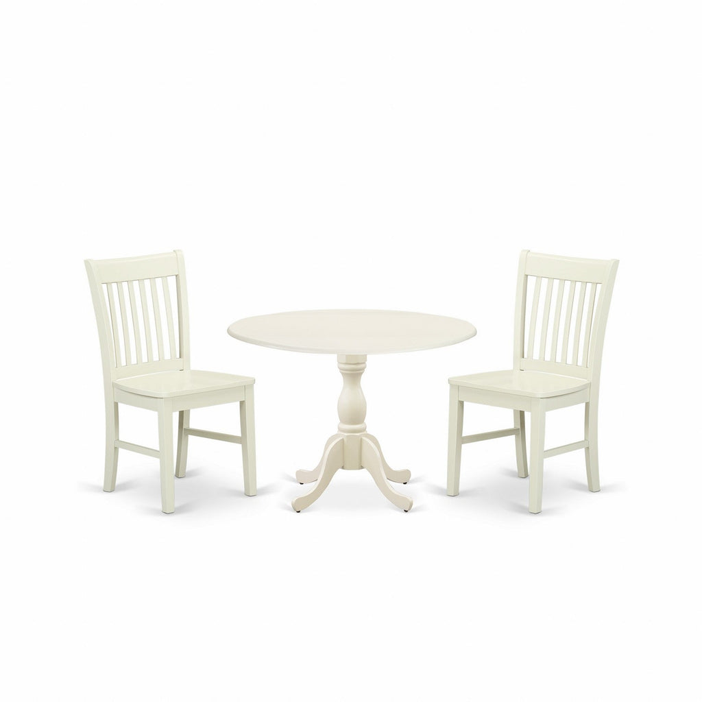 East West Furniture DMNF3-LWH-W 3 Piece Dining Set Contains a Round Dining Room Table with Dropleaf and 2 Kitchen Chairs, 42x42 Inch, Linen White