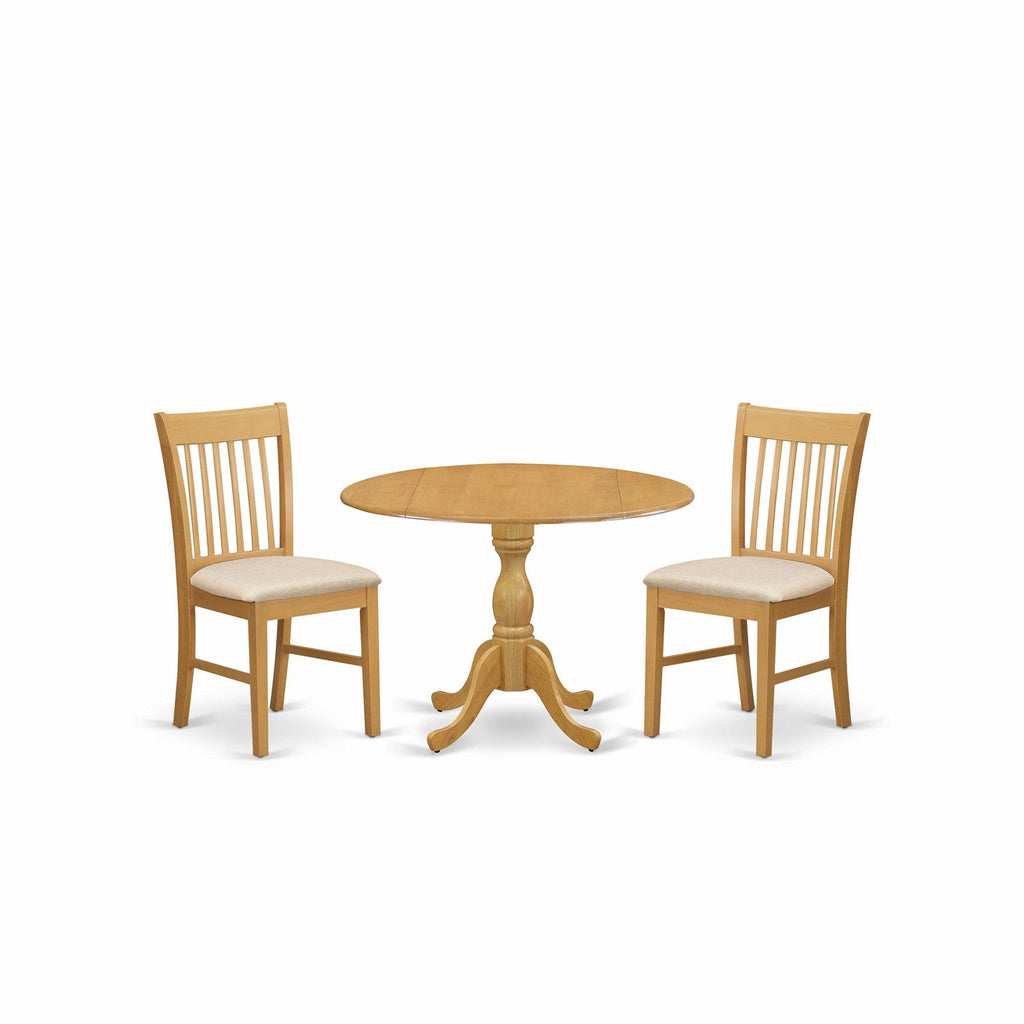 East West Furniture DMNF3-OAK-C 3 Piece Kitchen Table & Chairs Set Contains a Round Dining Room Table with Dropleaf and 2 Linen Fabric Upholstered Dining Chairs, 42x42 Inch, Oak