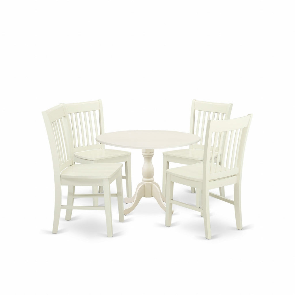 East West Furniture DMNF5-LWH-W 5 Piece Dining Table Set for 4 Includes a Round Kitchen Table with Dropleaf and 4 Dinette Chairs, 42x42 Inch, Linen White