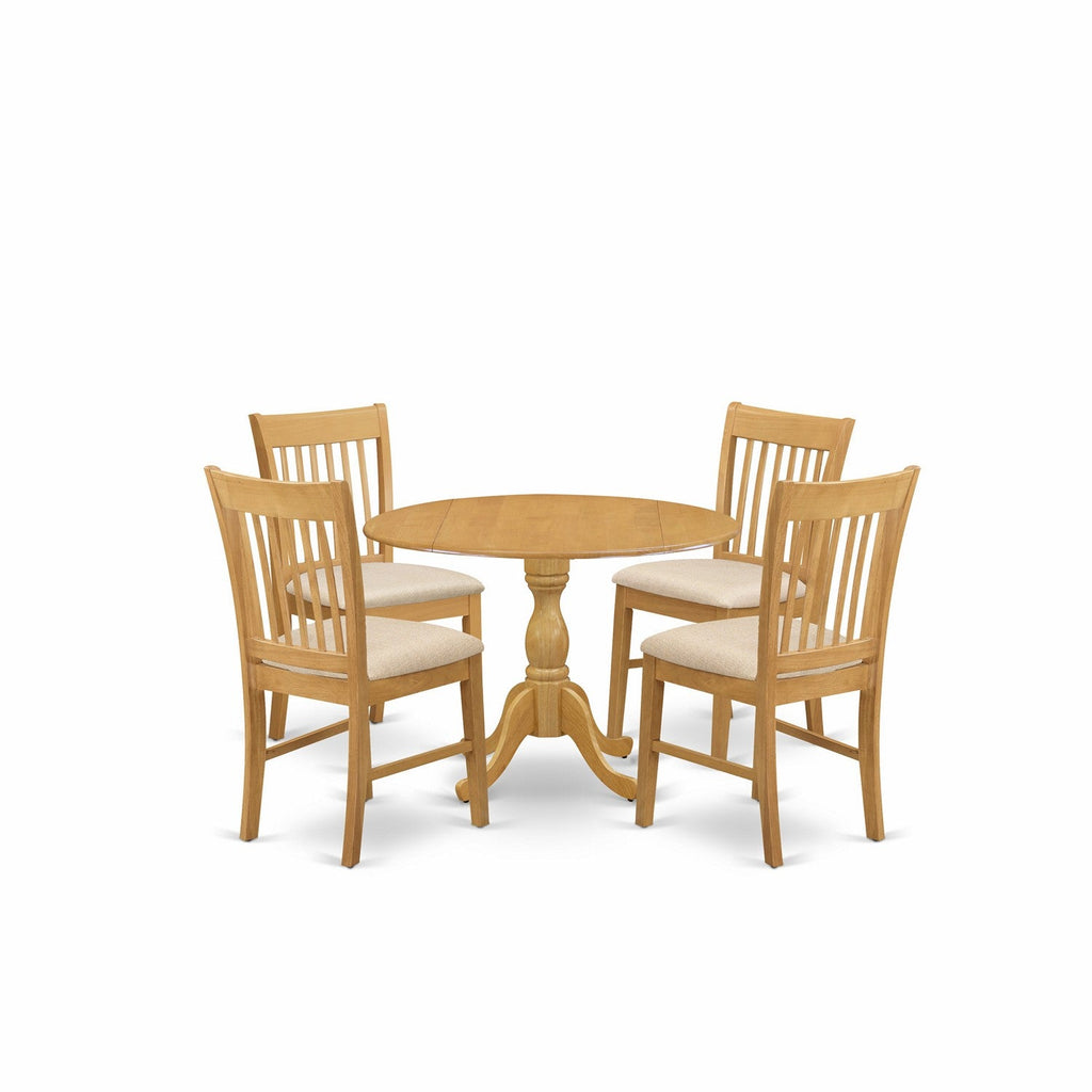 East West Furniture DMNF5-OAK-C 5 Piece Dining Room Furniture Set Includes a Round Dining Table with Dropleaf and 4 Linen Fabric Upholstered Chairs, 42x42 Inch, Oak