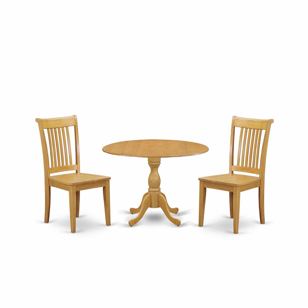 East West Furniture DMPO3-OAK-W 3 Piece Dining Room Furniture Set Contains a Round Kitchen Table with Dropleaf and 2 Dining Chairs, 42x42 Inch, Oak