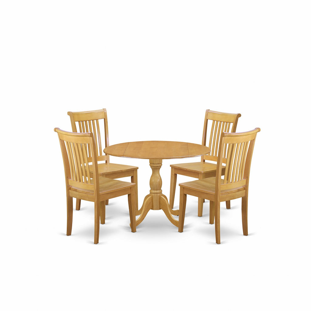 East West Furniture DMPO5-OAK-W 5 Piece Dining Room Furniture Set Includes a Round Kitchen Table with Dropleaf and 4 Dining Chairs, 42x42 Inch, Oak
