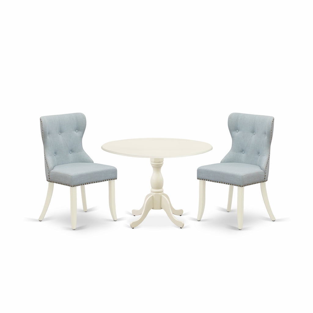 East West Furniture DMSI3-LWH-15 3 Piece Dining Table Set Contains a Round Dining Room Table with Dropleaf and 2 Baby Blue Linen Fabric Upholstered Kitchen Chairs, 42x42 Inch, Linen White
