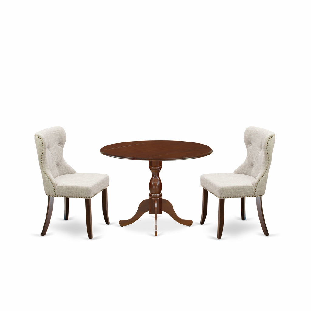 East West Furniture DMSI3-MAH-35 3 Piece Dinette Set for Small Spaces Contains a Round Dining Table with Dropleaf and 2 Doeskin Linen Fabric Parsons Dining Chairs, 42x42 Inch, Mahogany