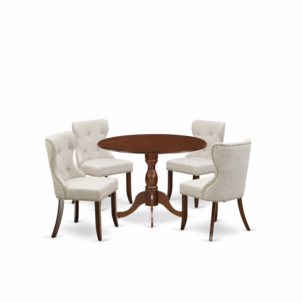 East West Furniture DMSI5-MAH-35 5 Piece Dinette Set for 4 Includes a Round Dining Room Table with Dropleaf and 4 Doeskin Linen Fabric Upholstered Parson Chairs, 42x42 Inch, Mahogany