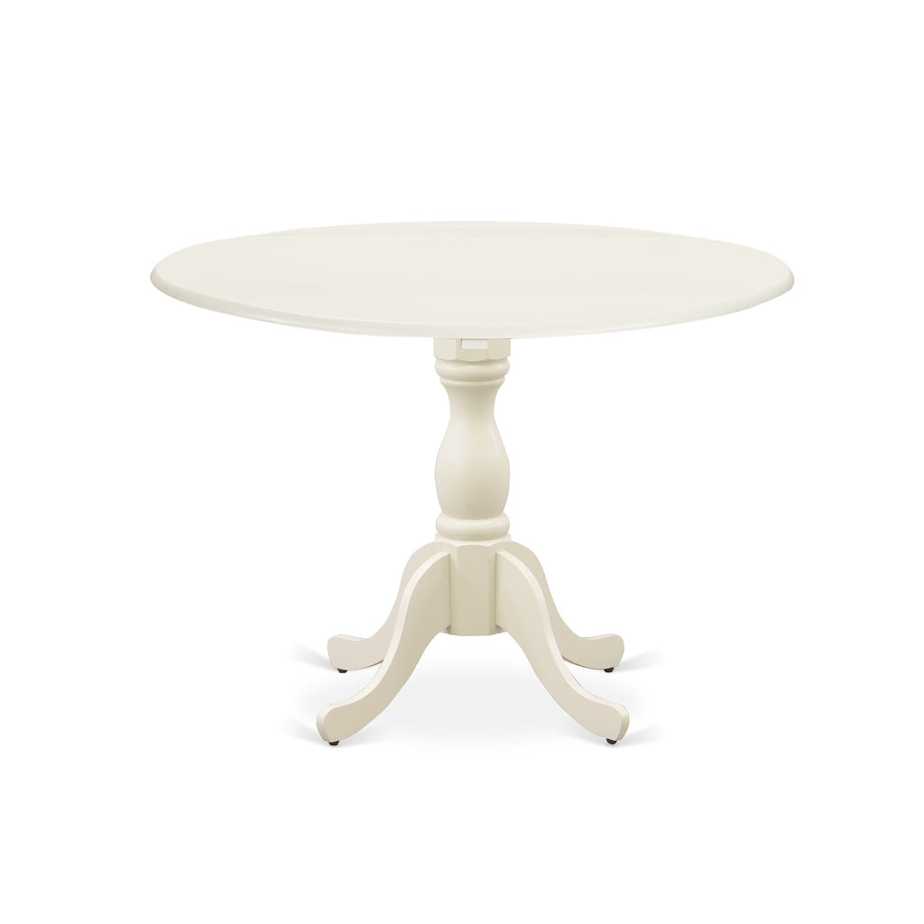 East West Furniture DMAV3-LWH-W 3 Piece Dining Room Table Set Contains a Round Dining Table with Dropleaf and 2 Wood Seat Chairs, 42x42 Inch, Linen White