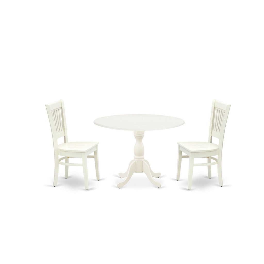 East West Furniture DMVA3-LWH-W 3 Piece Kitchen Table & Chairs Set Contains a Round Dining Room Table with Dropleaf and 2 Dining Chairs, 42x42 Inch, Linen White