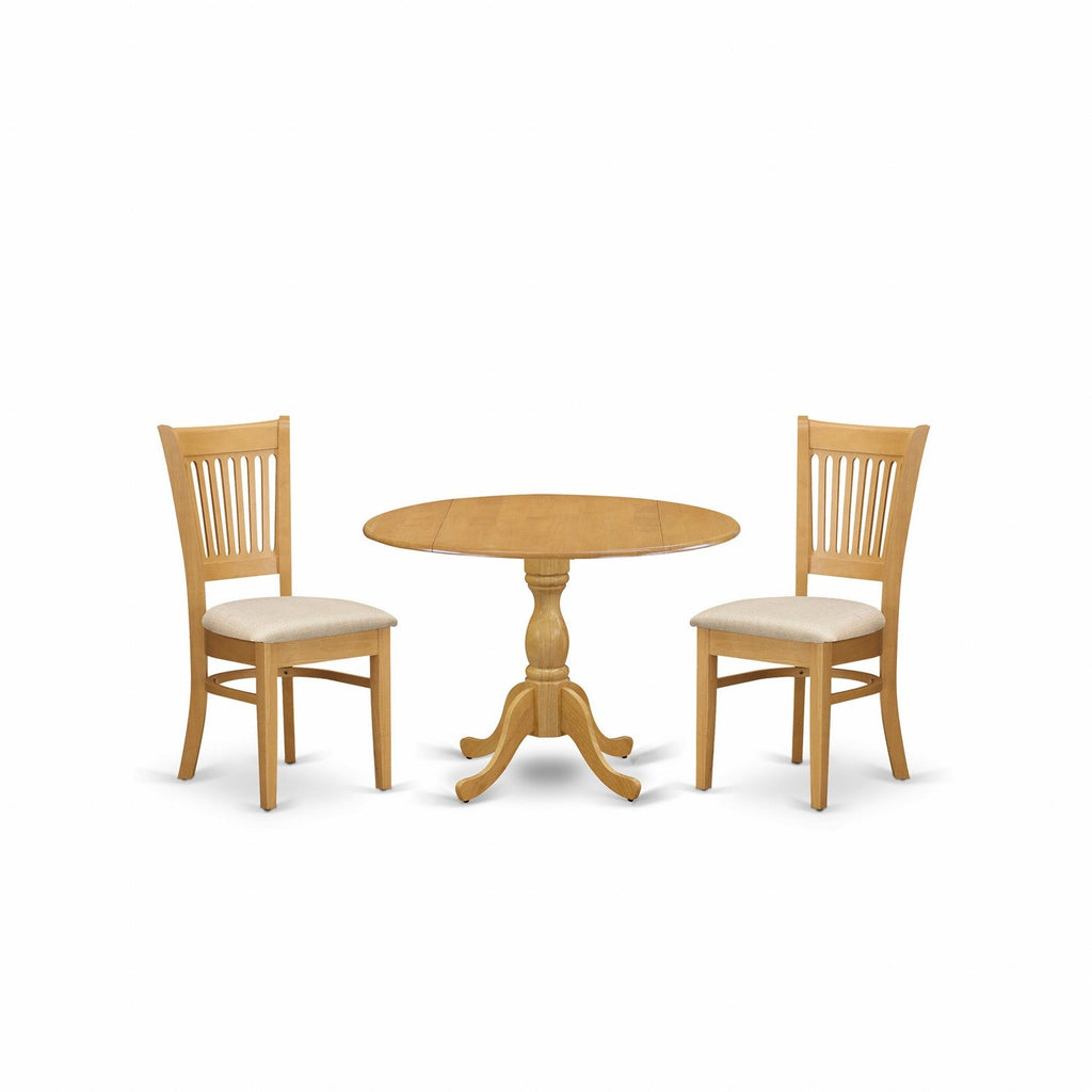 East West Furniture DMVA3-OAK-C 3 Piece Kitchen Table Set for Small Spaces Contains a Round Dining Table with Dropleaf and 2 Linen Fabric Dining Room Chairs, 42x42 Inch, Oak