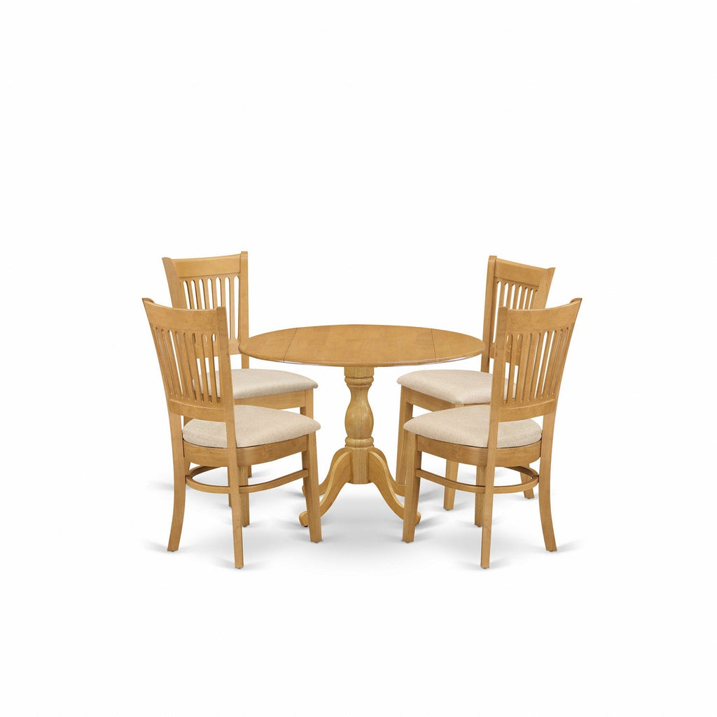 East West Furniture DMVA5-OAK-C 5 Piece Kitchen Table Set for 4 Includes a Round Dining Room Table with Dropleaf and 4 Linen Fabric Upholstered Dining Chairs, 42x42 Inch, Oak