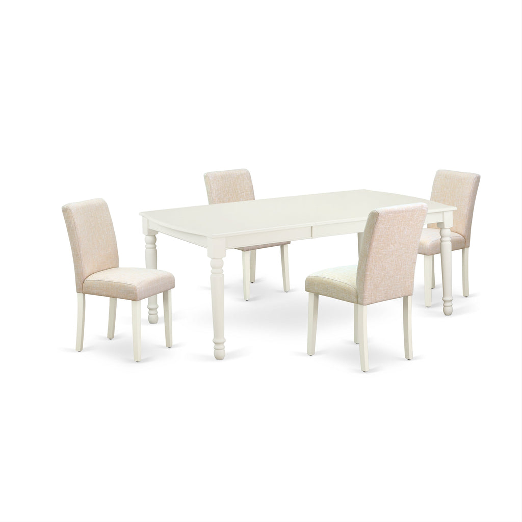 East West Furniture DOAB5-LWH-02 5 Piece Dining Table Set for 4 Includes a Rectangle Kitchen Table with Butterfly Leaf and 4 Light Beige Linen Fabric Parson Chairs, 42x78 Inch, Linen White