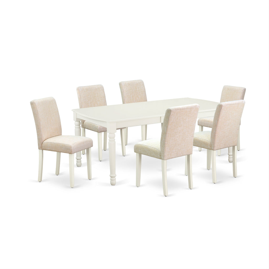 East West Furniture DOAB7-LWH-02 7 Piece Dining Room Set Consist of a Rectangle Wooden Table with Butterfly Leaf and 6 Light Beige Linen Fabric Parson Dining Chairs, 42x78 Inch, Linen White