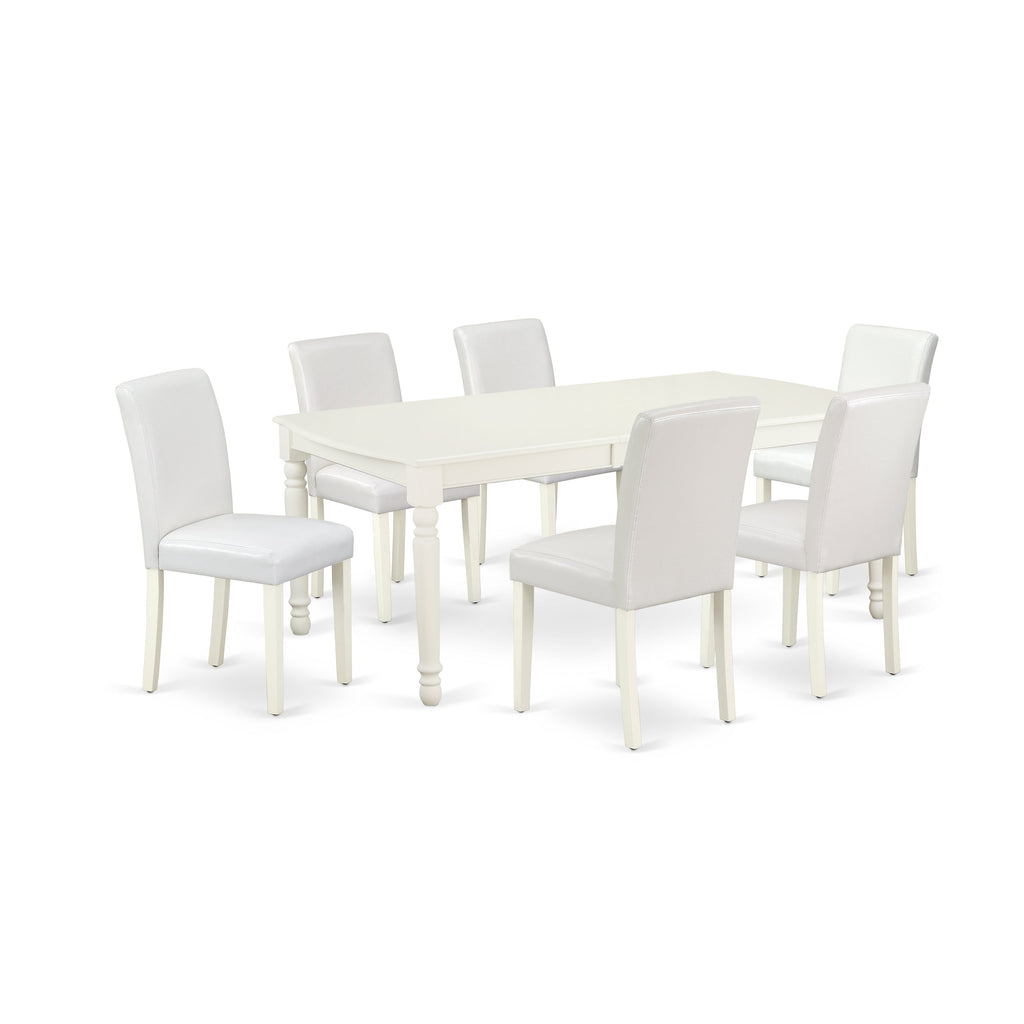 East West Furniture DOAB7-LWH-64 7 Piece Modern Dining Table Set Consist of a Rectangle Wooden Table with Butterfly Leaf and 6 White Faux Leather Parson Chairs, 42x78 Inch, Linen White