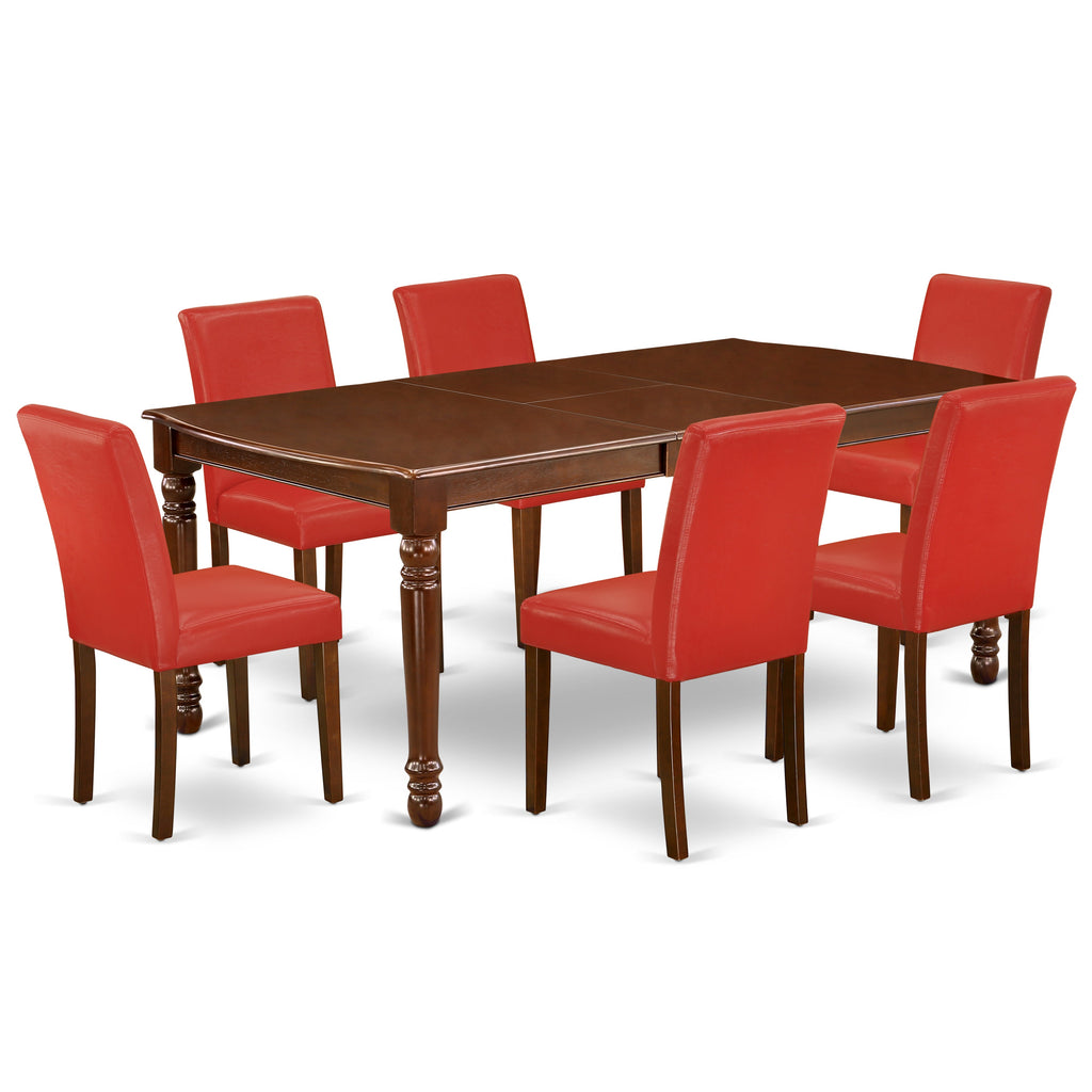 East West Furniture DOAB7-MAH-72 7 Piece Kitchen Table Set Consist of a Rectangle Dining Table with Butterfly Leaf and 6 Firebrick Red Faux Leather Parsons Chairs, 42x78 Inch, Mahogany
