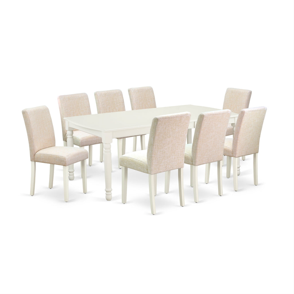East West Furniture DOAB9-LWH-02 9 Piece Dining Table Set Includes a Rectangle Dining Room Table with Butterfly Leaf and 8 Light Beige Linen Fabric Parsons Chairs, 42x78 Inch, Linen White