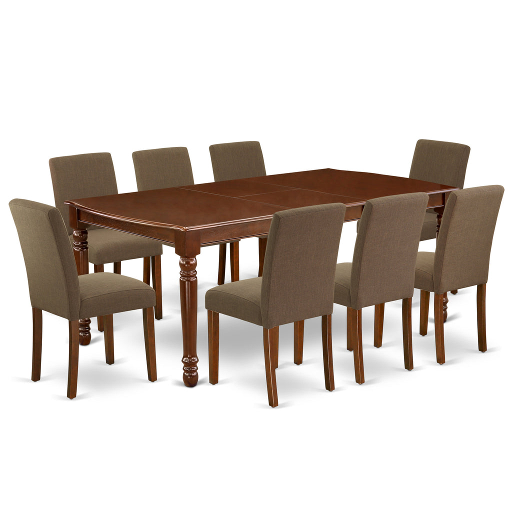 East West Furniture DOAB9-MAH-18 9 Piece Dining Table Set Includes a Rectangle Kitchen Table with Butterfly Leaf and 8 Coffee Linen Fabric Upholstered Chairs, 42x78 Inch, Mahogany