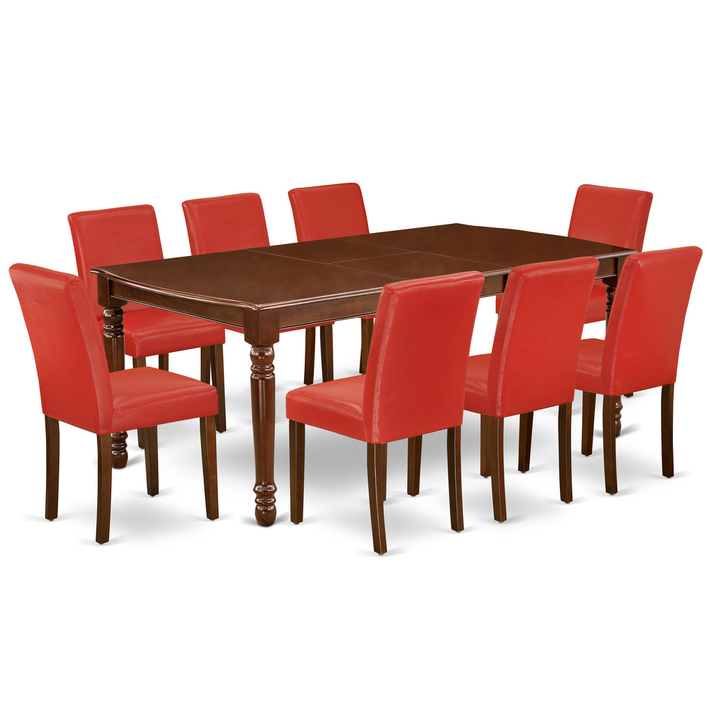 East West Furniture DOAB9-MAH-72 9 Piece Dining Set Includes a Rectangle Dining Room Table with Butterfly Leaf and 8 Firebrick Red Faux Leather Upholstered Chairs, 42x78 Inch, Mahogany