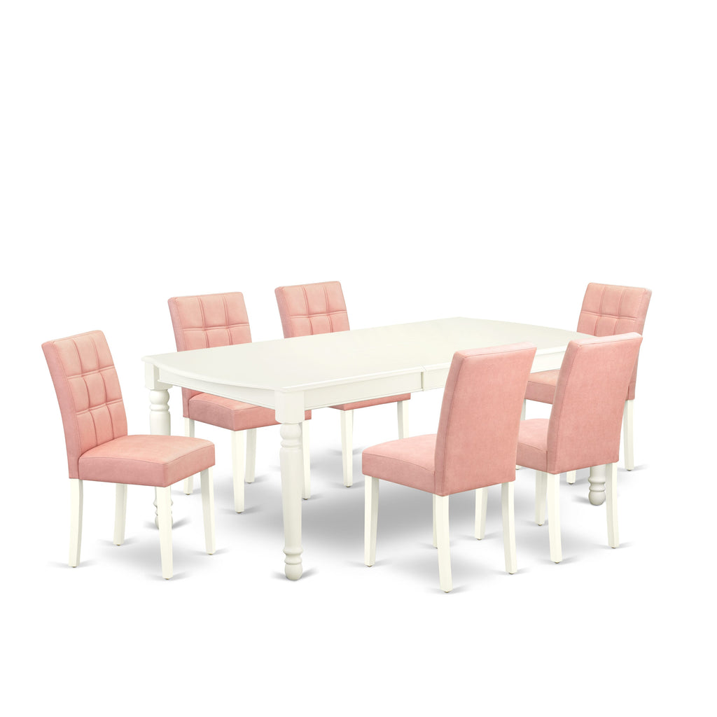 East West Furniture DOAS7-LWH-42 7 Piece Dinette Table Set consists A Dinner Table and 6 Beige Red Faux Leather Parson Dining Chairs with Stylish Back- Linen White Finish