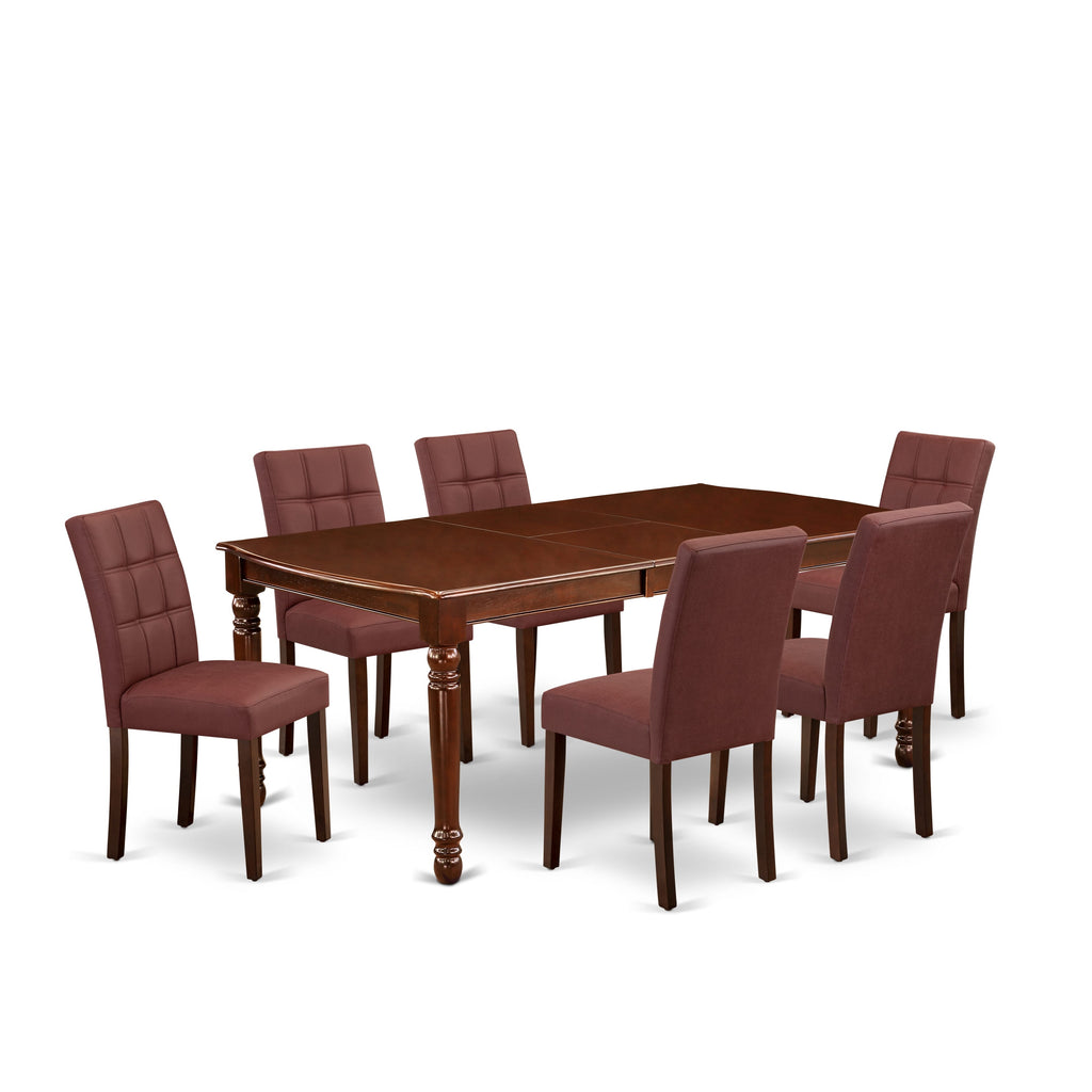 East West Furniture DOAS7-MAH-26 7 Piece Dining Table Set contain A Dining Room Table and 6 Burgundy Faux Leather Upholstered Chairs, Mahogany