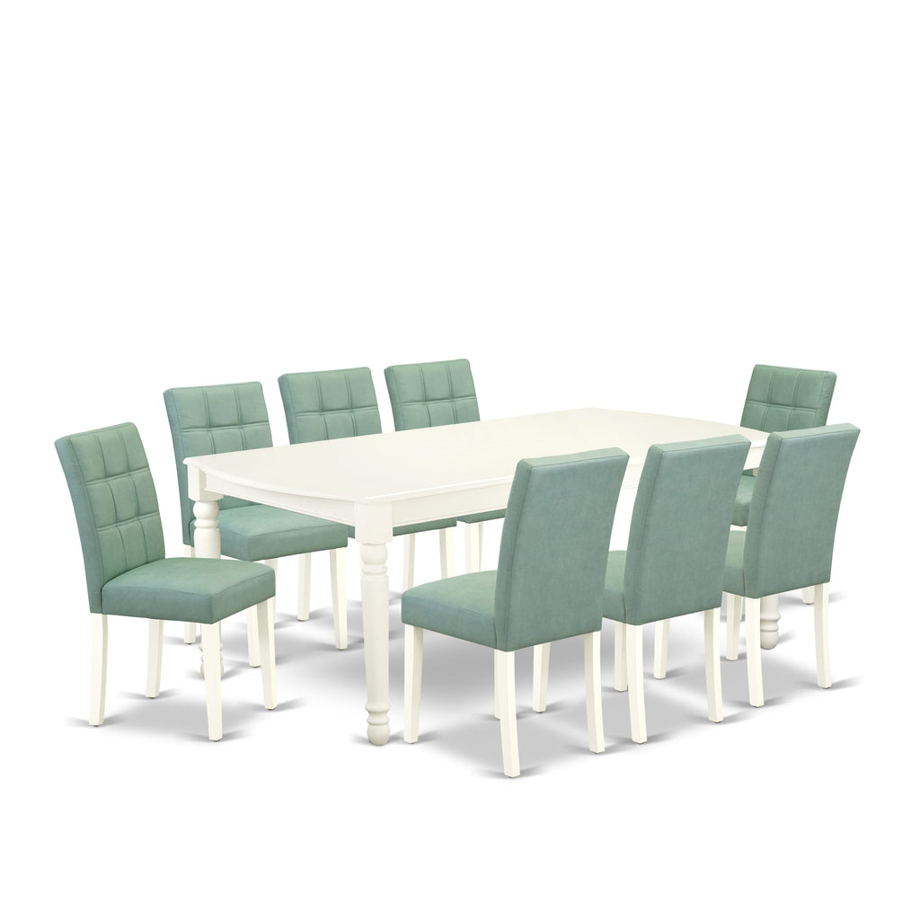 East West Furniture DOAS9-LWH-43 9 Piece Mid Century Modern Dining Table Set consists A Wooden Dining Table and 8 Willow Green Faux Leather Upholstered Chairs, Linen White