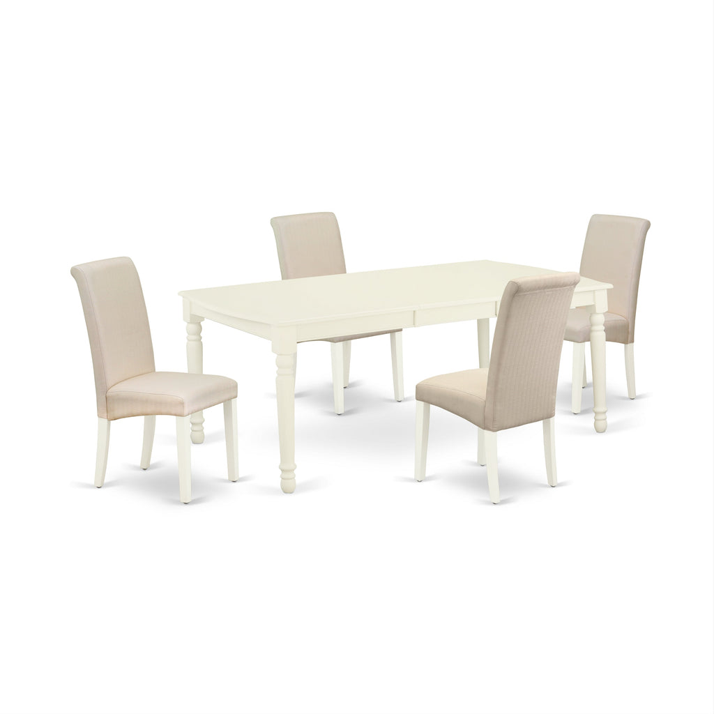 East West Furniture DOBA5-LWH-01 5 Piece Dining Table Set for 4 Includes a Rectangle Kitchen Table with Butterfly Leaf and 4 Cream Linen Fabric Parson Dining Chairs, 42x78 Inch, Linen White