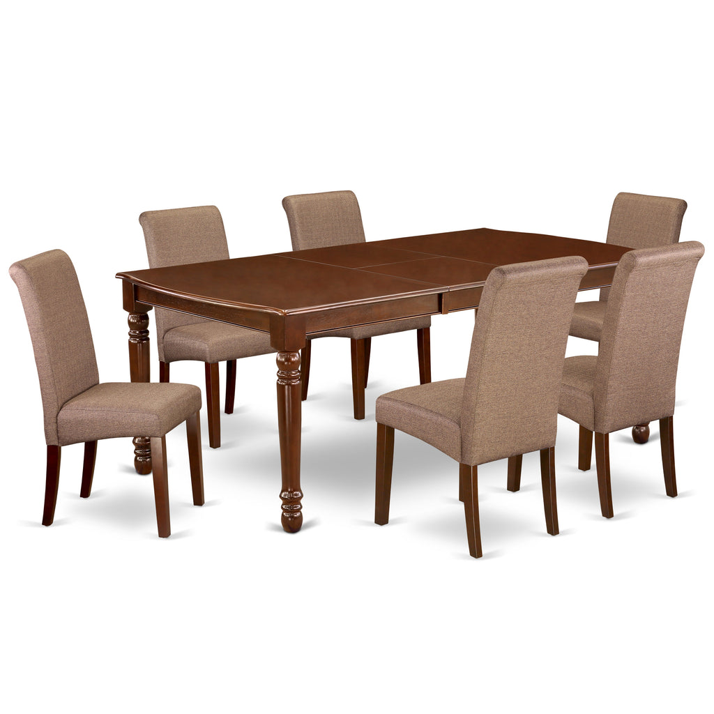 East West Furniture DOBA7-MAH-18 7 Piece Dining Set Consist of a Rectangle Dining Room Table with Butterfly Leaf and 6 Brown Linen Linen Fabric Upholstered Chairs, 42x78 Inch, Mahogany