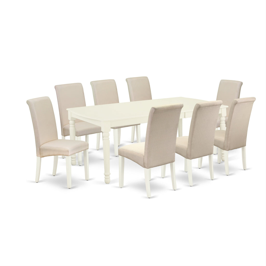 East West Furniture DOBA9-LWH-01 9 Piece Modern Dining Table Set Includes a Rectangle Wooden Table with Butterfly Leaf and 8 Cream Linen Fabric Parsons Dining Chairs, 42x78 Inch, Linen White