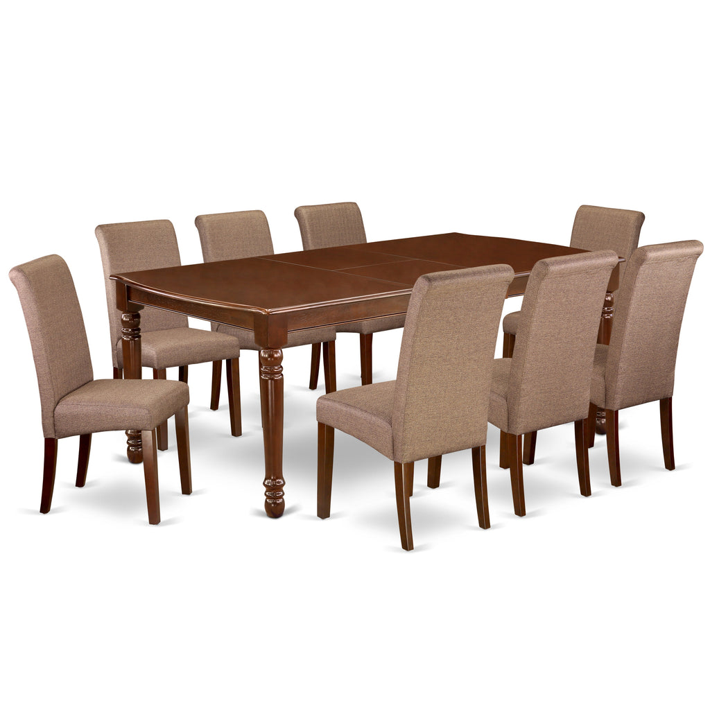 East West Furniture DOBA9-MAH-18 9 Piece Modern Dining Table Set Includes a Rectangle Wooden Table with Butterfly Leaf and 8 Brown Linen Linen Fabric Parson Chairs, 42x78 Inch, Mahogany