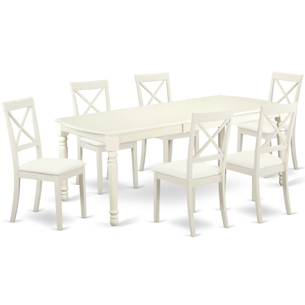East West Furniture DOBO7-LWH-LC 7 Piece Kitchen Table Set Consist of a Rectangle Dining Table with Butterfly Leaf and 6 Faux Leather Dining Room Chairs, 42x78 Inch, Linen White