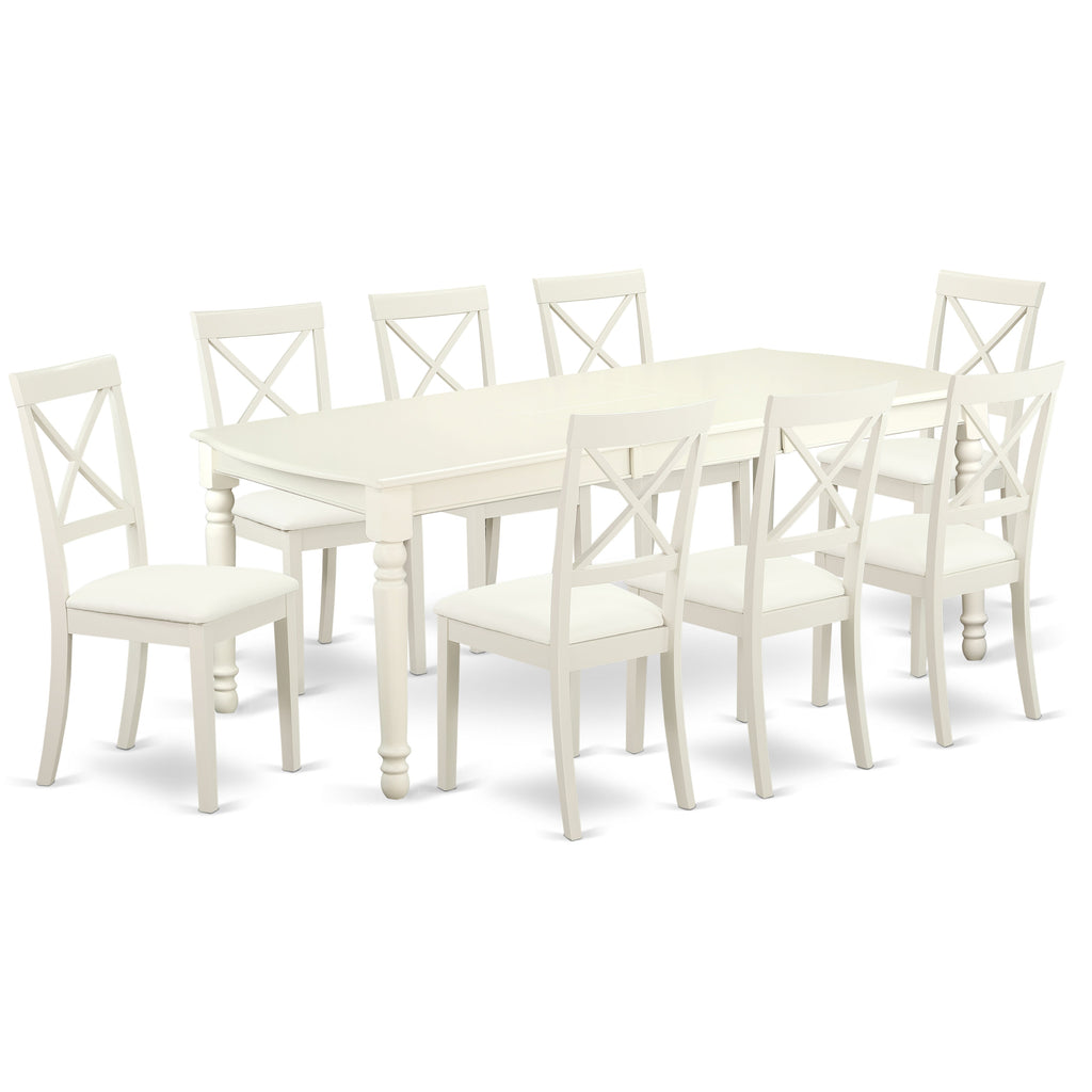 East West Furniture DOBO9-LWH-LC 9 Piece Dining Set Includes a Rectangle Dining Room Table with Butterfly Leaf and 8 Faux Leather Upholstered Kitchen Chairs, 42x78 Inch, Linen White