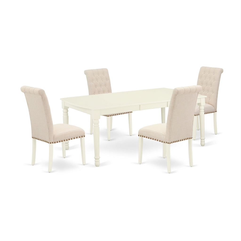 East West Furniture DOBR5-LWH-02 5 Piece Dining Set Includes a Rectangle Dining Room Table with Butterfly Leaf and 4 Light Beige Linen Fabric Upholstered Chairs, 42x78 Inch, Linen White